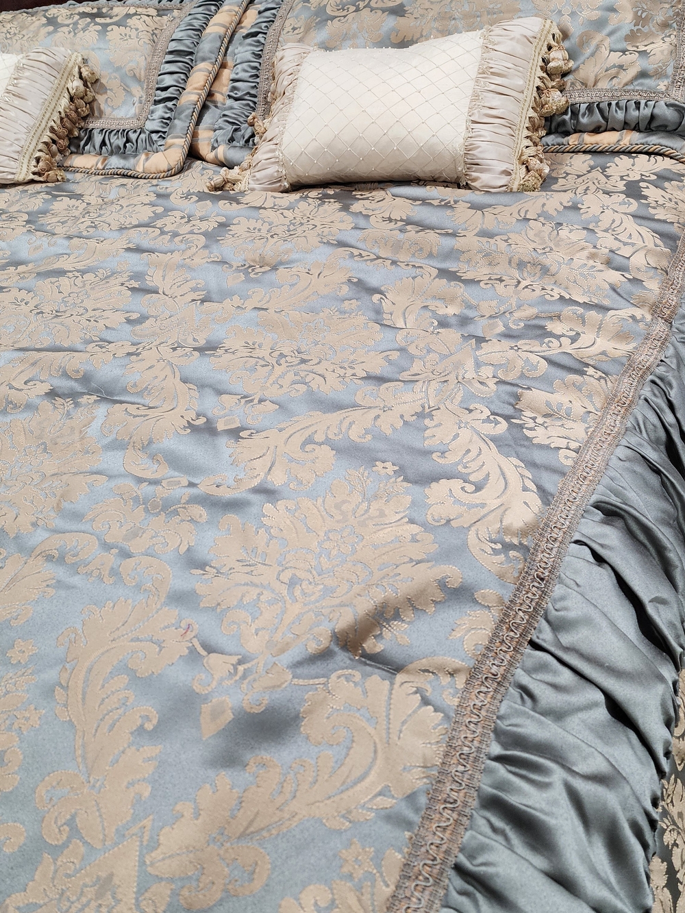 Croscill Blue and Gold Damask Comforter with Decorative Pillows